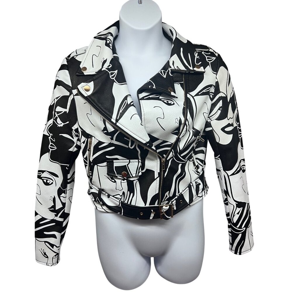 Azalea Wang Designer Faux Leather Black White Graphic Moto Zip Belted Jacket M